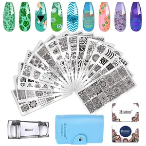 Biutee 19counts Nail Stamp Plates set 15 plate 1Stamper 2Scraper 1storage bag Nails Art Stamping Plate Scraper Stamper Set Leaves Flowers Animal Nail plate Template Image Plate Manicure Nail Art Nail Care Nail Polish Polish Color Silicone Stainless Cutics