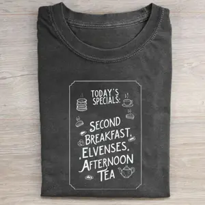 Vintage Funny Lord of The Rings Movie Graphic Tee - Second Breakfast - Elvenses - LOTR - The Hobbits - Middle Earth - JRR Tolkien - Fantasy Rings Menswear Top Casual Black