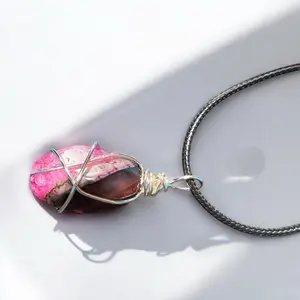 Handmaid fuchsia Agate Necklace with Sterling Plated Wire Wrap - 26 Inch