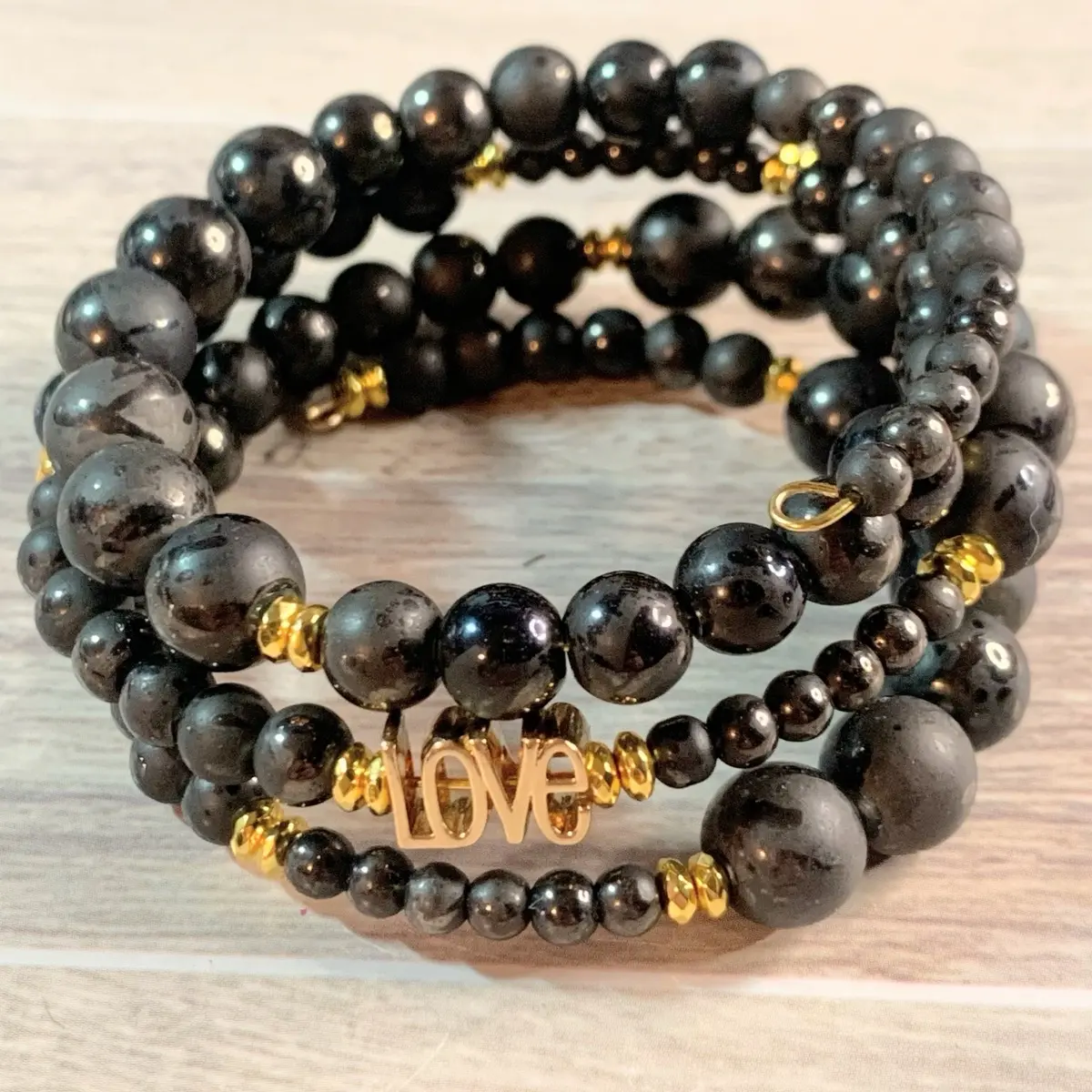 Black Bead Memory Wire Bracelet with "LOVE" Letter Design