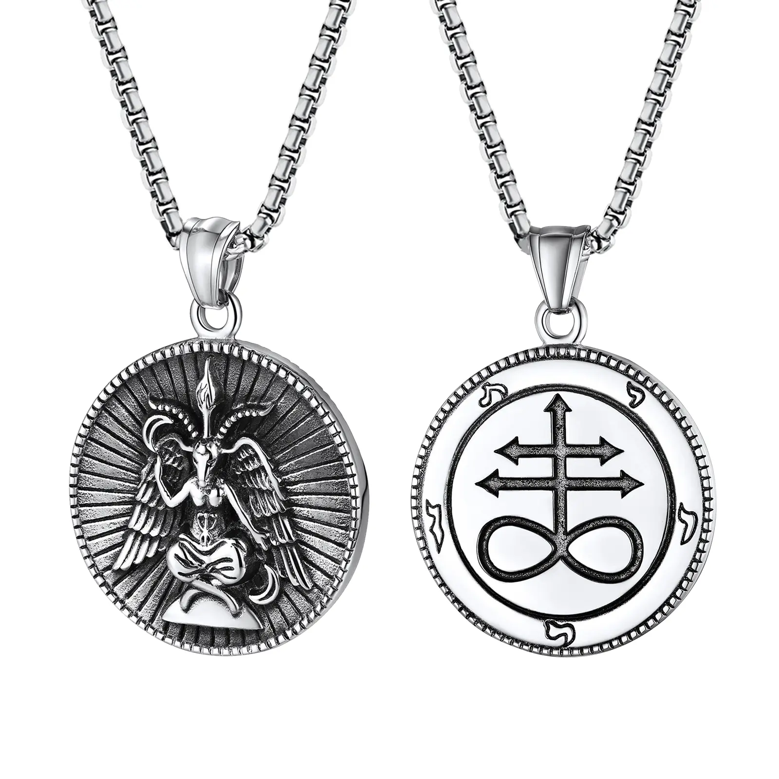 OIDEA Dark Baphomet Satanic Goat Skull Pendant Necklace - Male Daily Large Size 1.34-in Double-Sided Chrome-Tone Hypoallergenic Stainless Steel Emo Gothic Occult Amulet, Bold Finish Round Coin Costume Jewelry