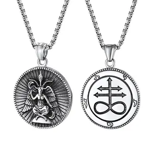 OIDEA Baphomet Satanic Goat Skull Pendant Necklace for Men Stainless Steel Gothic Occult Amulet Round Coin Jewelry