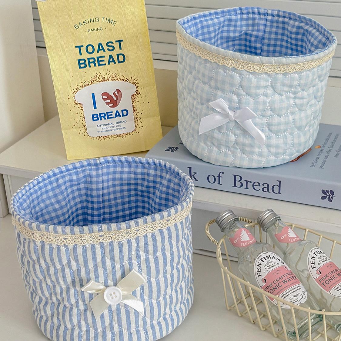 Round storage basket with bow heart patchwork design, plaid lining fabric storage basket, girly desktop organizer