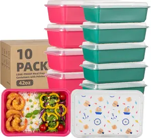 10 Pack 42 oz Meal Prep Containers, Reusable Plastic Food Prep Storage Containers with Printed Lids, Stackable, Leakproof, Microwave & Freezer & Dishwasher Safe,To Go Take Out Box, Ocean