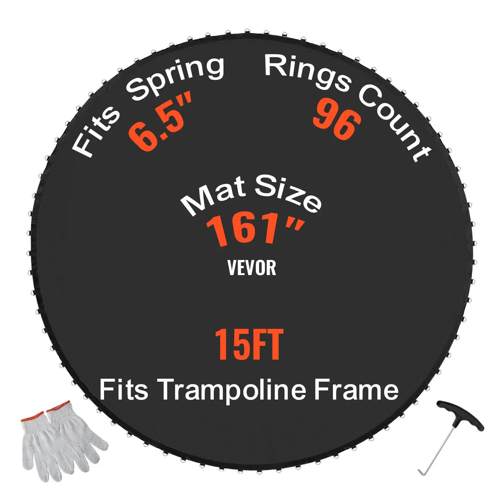 VEVOR Replacement Trampoline Mat, Jumping Mat Fits 15ft Frame, Universal Jumping Mat for 15ft Round Trampoline, Reinforce UV-Resistant Mat with Spring Tool Durable V-Rings, Fit 6.5 Spring Length