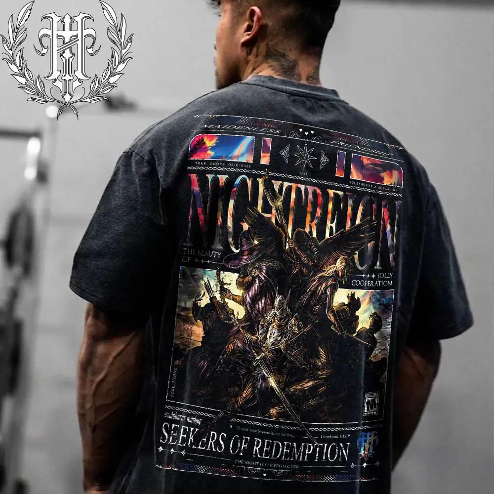 HardTimesClothing - Elden Ring NightReign #2 Retro Vintage Cotton Oversized Streetwear Tee, Y2K Gothic Grage Washed Anime Graphic T-Shirt 10phic Shirt, Acid Wash Heavyweight Cotton Unisex Gift