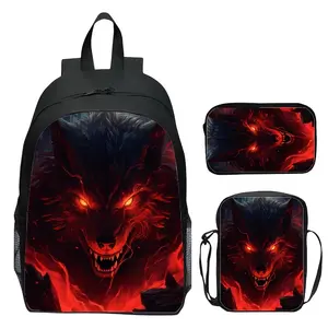 Digital Print 3pcs Set Animal Wolf Backpack, Unisex Fashionable Daypack for Daily Commute, for Teenager