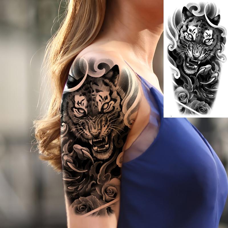 Rechal 8 Sheets Realistic Tribal Large Tiger Temporary Tattoo Stickers For Women Adults, Half Arm Sleeve Tattoos For Men, 3D Black Tiger Compass Flower Tattoos Decals