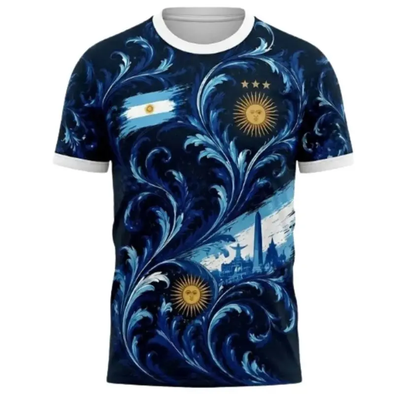 Men’s Argentina Navy Graphic Soccer Jersey – Blue & White Ornate Football Shirt, Short Sleeve Match Day Fanwear, Training Sports Top, Sizes XS–5XL