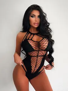 1-Piece Women's Sexy Sheer Mesh Bodycon Fitted Bodysuit Lingerie — Cutout Fishnet See-Through Jumpsuit (Ideal for Nightclubs & Parties)(Fits 40kg–75kg)