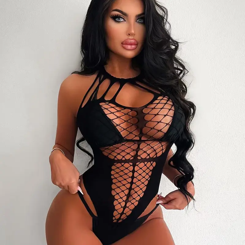 1-Piece Women's Sexy Sheer Mesh Bodycon Bodysuit, Cutout Fishnet Lingerie Hot Lingerie for Nightclubs and Parties