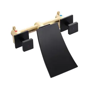 WOWOW Waterfall Bathtub Faucet, Wall Mounted Tub Filler Bathroom Faucets, 3 Hole Dual Handles Tub Faucet, High Flow Bathtub Faucets Rough-in Valve Included, Matte Black