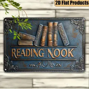 Vintage Reading Nook Metal Wall Decor, Retro Book Lover Gift, Flat Plaque for Home Office Library Study Room Decor, Signs, Home Office Decoration
