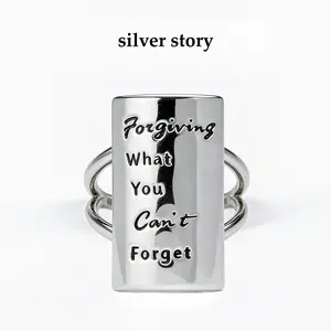 925 Sterling Silver Inspirational Statement Ring, Square Band Healing & Forgiveness Jewelry, Non-Adjustable Minimalist Motivational Ring, Meaningful Reminder Gift for Women Men