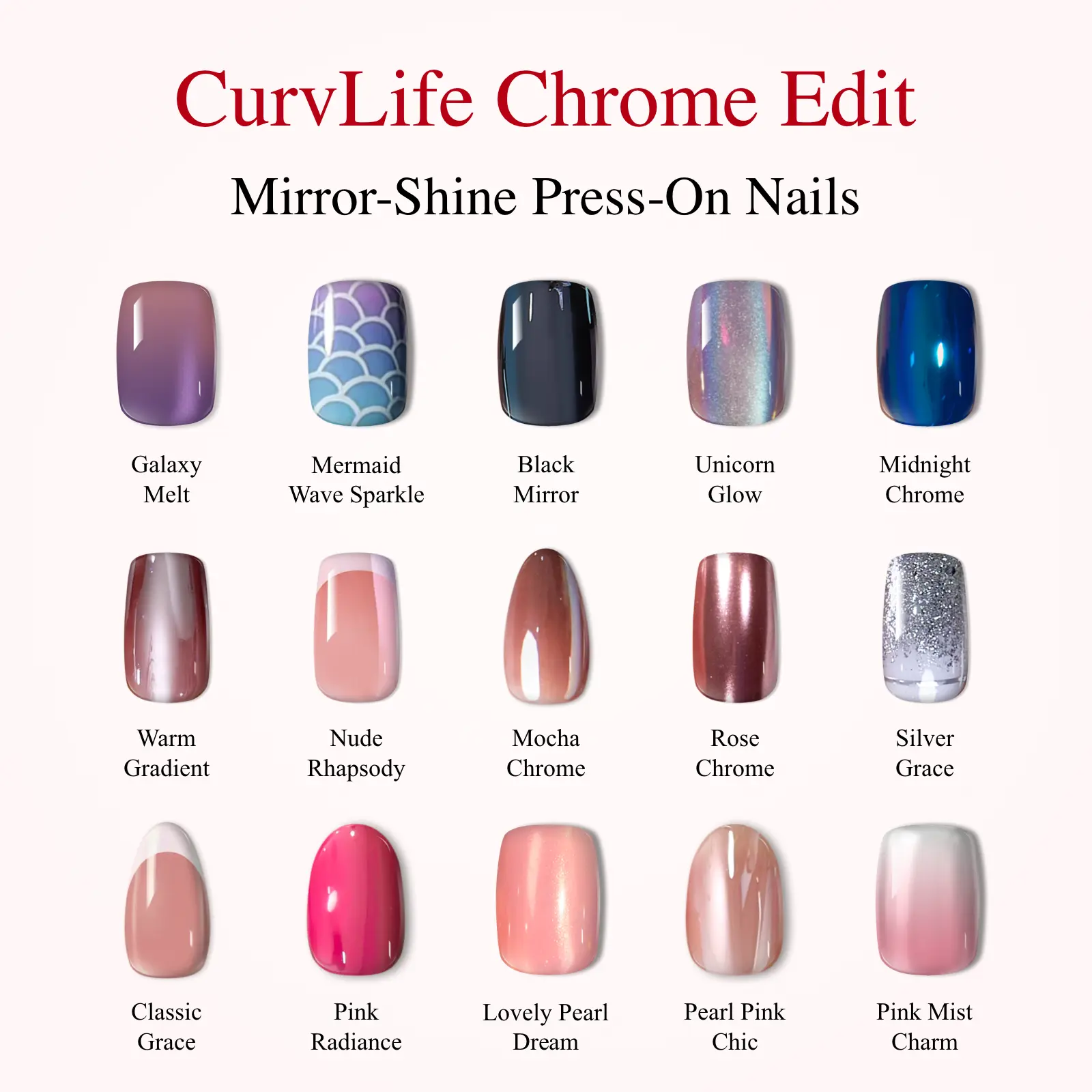 CurvLife Chrome Glow Collection Press-On Nails | 30PCS | Oval & Almond, Pink Pearl, Chameleon, Mirror & Metallic Chrome Finish, Glossy Jelly Shine, Summervibes | Non-Toxic Reusable Nails, Easy Application, Salon-Quality Chrome Nails for Everyday