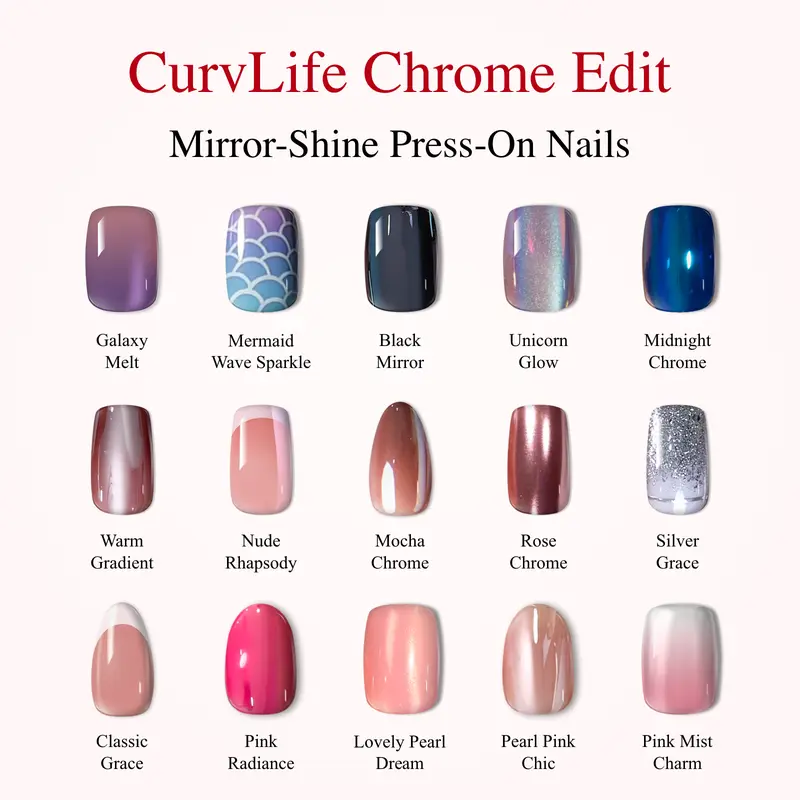 CurvLife Chrome Glow Collection Press-On Nails | 30PCS | Oval & Almond, Pink Pearl, Chameleon, Mirror & Metallic Chrome Finish, Glossy Jelly Shine, Summervibes | Non-Toxic Reusable Nails, Easy Application, Salon-Quality Chrome Nails for Everyday