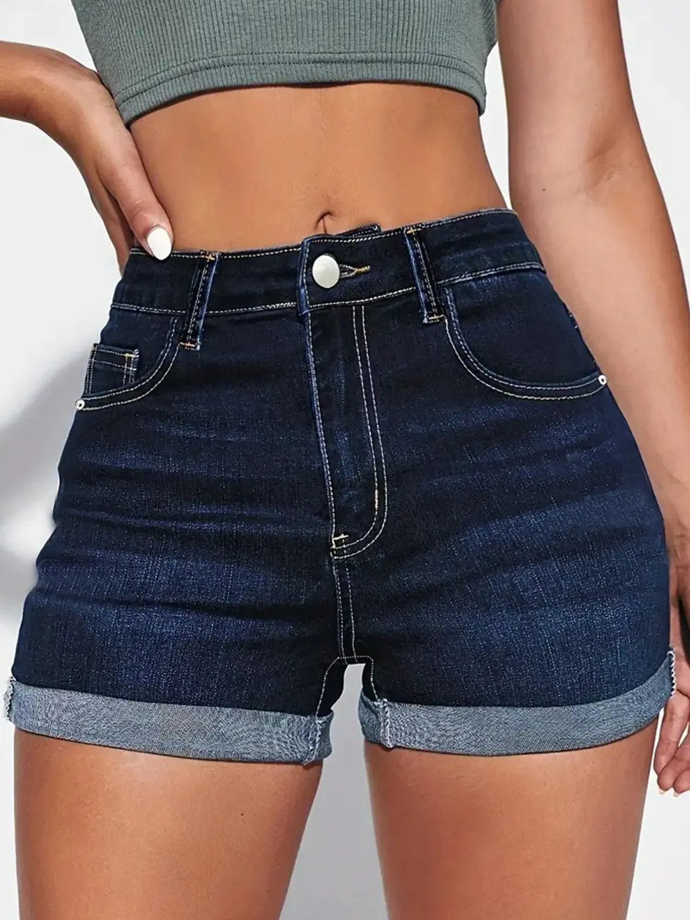 Women's Denim Shorts, Casual Fashion Shorts, American Style Deep Blue Dark Wash Elastic Waist Slim Fit Casual Jeans, Perfect for Spring and Summer, Versatile and Comfortable