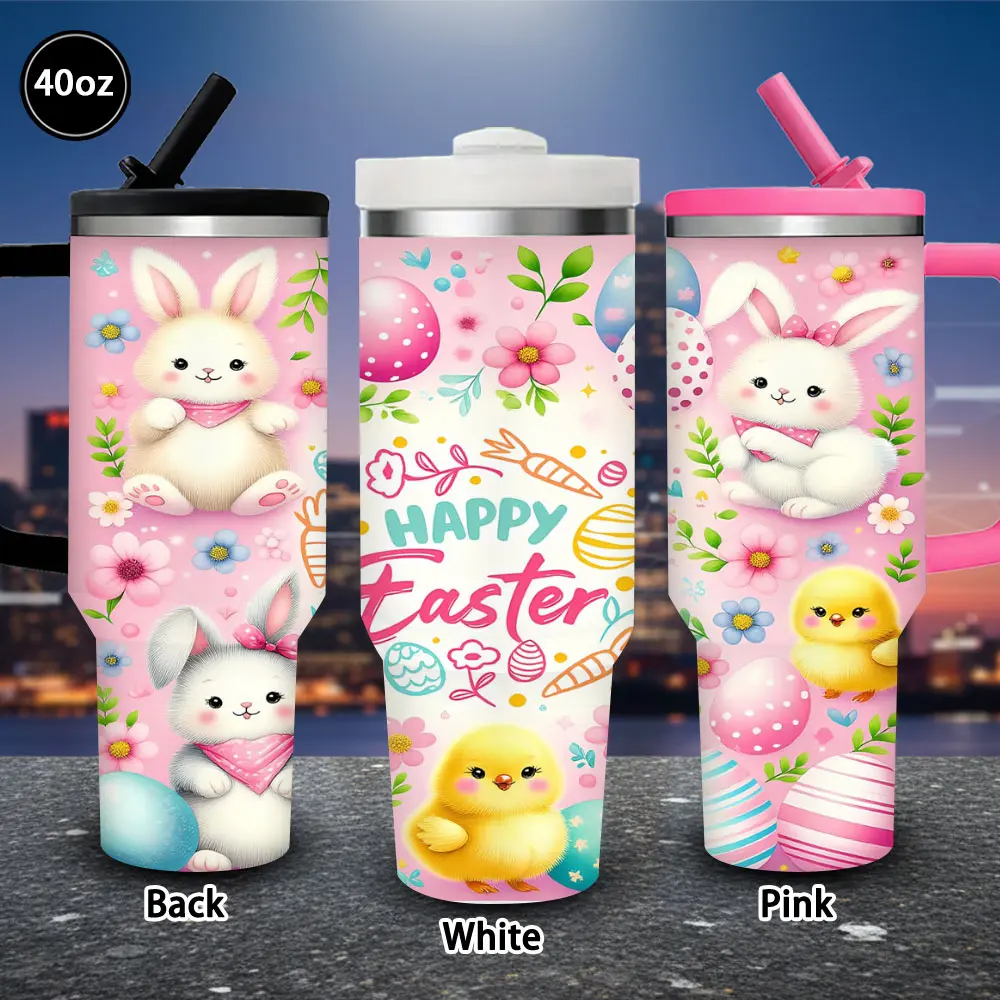 40 oz Insulated Cute Bunny Chick Vacuum Flask with Lid and Straw - 1 Pc Kitchenware Drinkware, Winter Travel Mug, Novelty Birthday Gifts for Women, Ideal for Easter, Valentine’s Day, Iced/Hot Coffee