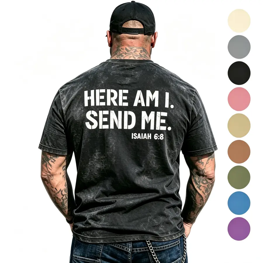 Mineral Wash Christian T-Shirt Men "Here Am I Send Me" Isaiah 6:8 Bible Verse Graphic Tee Vintage Distressed Faith Shirt Motorcycle Biker Style Short Sleeve Casual Top Multiple Colors Menswear Black