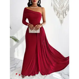 2025 Dress, wy Shoulder Asymmetrical Suitable Pleated Maxi One Dress,Elegant for Party and Banquet, Women Clothing Elegant
