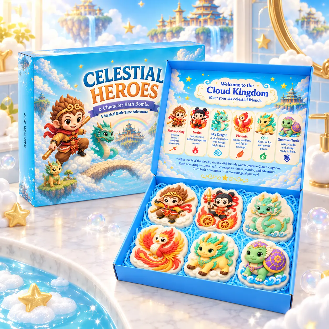 LAMY Kids Bath Bomb Gift Set, 6 Celestial Hero Character Bath Bombs with Monkey King, Dragon, Phoenix, Qilin & Turtle Designs, 6 Fruity Scents, Colorful Fizzing Bath Fun for Kids, Birthday Gifts & Party Favors
