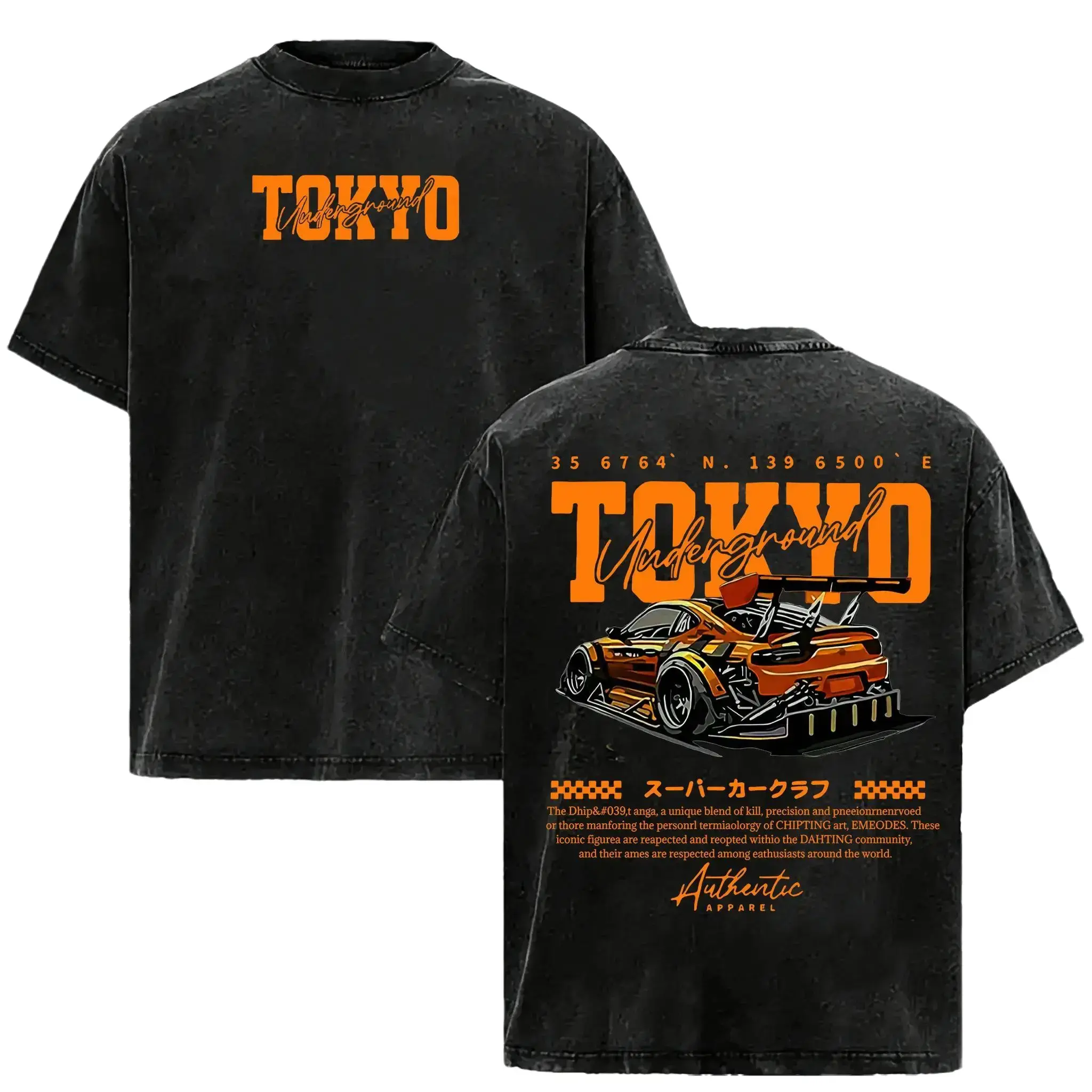 Vintage washed cotton t-shirt,Tokyo drift racing car graphic,Front back dual print,Oversized loose fit,Car enthusiast street top,Street casual wear,Racing fan daily outfit,Hip hop outdoor apparel,Casual streetwear top,Unisex couple t-shirt.