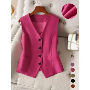 Women's Solid Button Front Fake Pocket Vest Blazer, Elegant V Neck Sleeveless Outerwear for Work Office Business, Ladies Spring & Fall Clothes