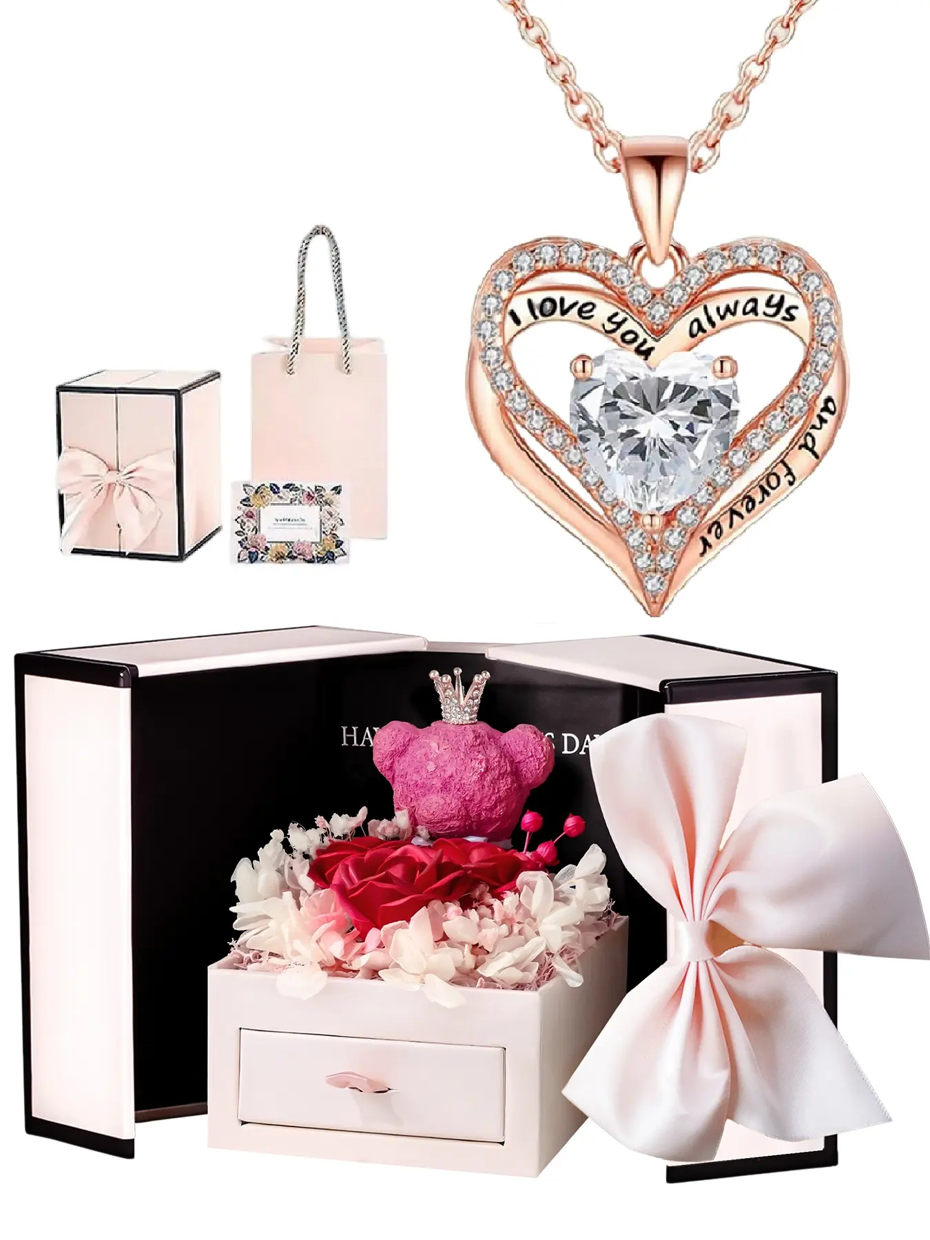 Heart Shaped Pendant Necklace with Gift Box, Cute Bear & Rose Gift Box, Fashion Jewelry Accessories for Women As Gift Chain Heart Pendant