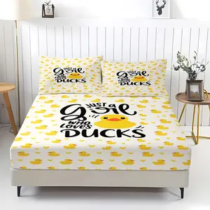 3Pcs Yellow Duck Fitted Sheet Set (1*Fitted Sheet+2*Pillowcases, Coreless), Yellow Ducks Print Mattress Cover Lovely Farm Animal Bedding Set Deep Pocket Sheet,Soft and Breathable