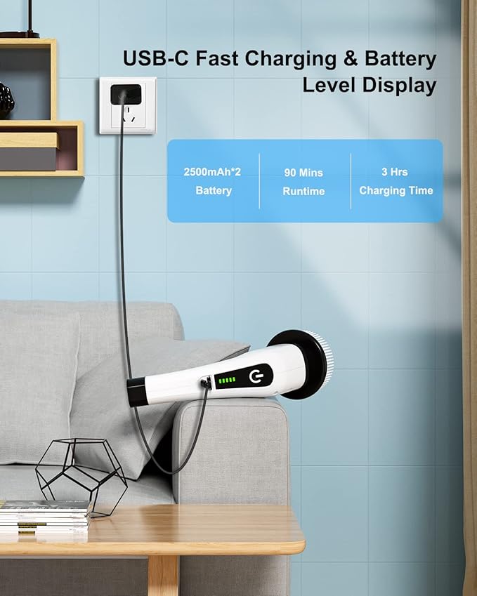 Electric Spin Scrubber,Cordless Shower Scrubber with IPX7 Waterproof,Electric Cleaning Brush,Multi-Surface Use,Long Battery Life,3 Extendable Handle,2 Adjustable Speed,8 Replaceable Brush Heads,Multi-Purpose Cleaning Kit for Bathroom/Kitchen/Car