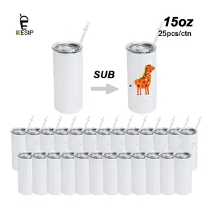 ICESIP 25pcs/ctn 15oz white sublimation straight stainless steel skinny tumbler with plastic straw,Portable Bottles for Iced coffee Juice Party gift gift bf Colorful Drinkware