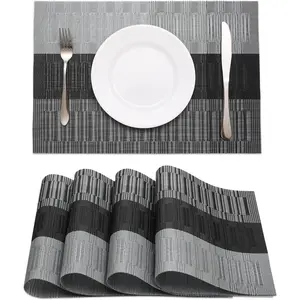 Black Placemats Set of 4 Heat-Resistant Washable Non-Slip Vinyl Woven Wipeable Placemats for Kitchen, Dining Table Decoration Indoor Outdoor