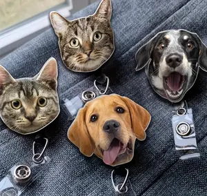 Custom Pet Badge Reel Personalized Dog Face ID Holder, Retractable Nurse Name Tag Acrylic Cat Photo Badge