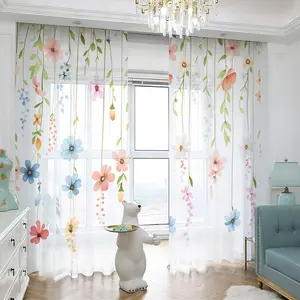 2Pcs Sheer Curtains, Floral Printed Drape, Rod Pocket Design, Translucent Window Treatments for Living Room, Bedroom, Dining Home Decor Privacy Enhancing Light Filtering Elegant Scarf