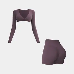 MFVIM women’s solid-color crewneck athletic T-shirt and high-waisted shorts set, long-sleeve slim-fit top and fitted shorts, 2026 summer clothing, women’s indoor/outdoor sportswear for fitness and running