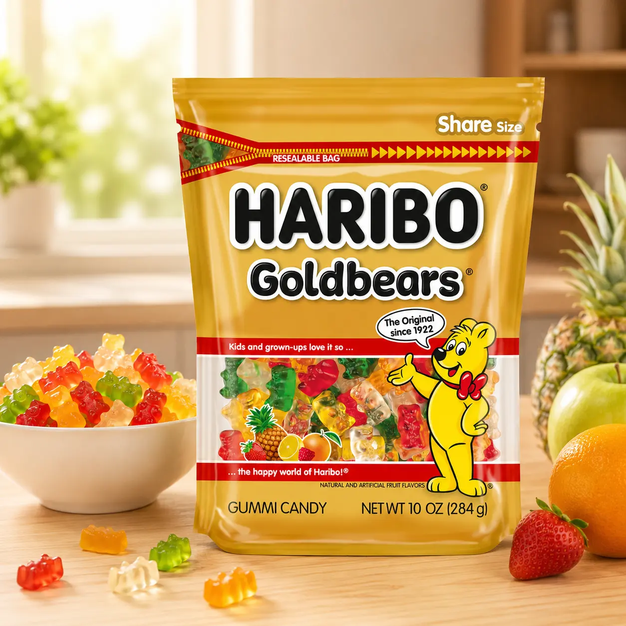Goldbears Gummi Candy, Assorted Fruit Flavors, 10 oz Resealable Bag