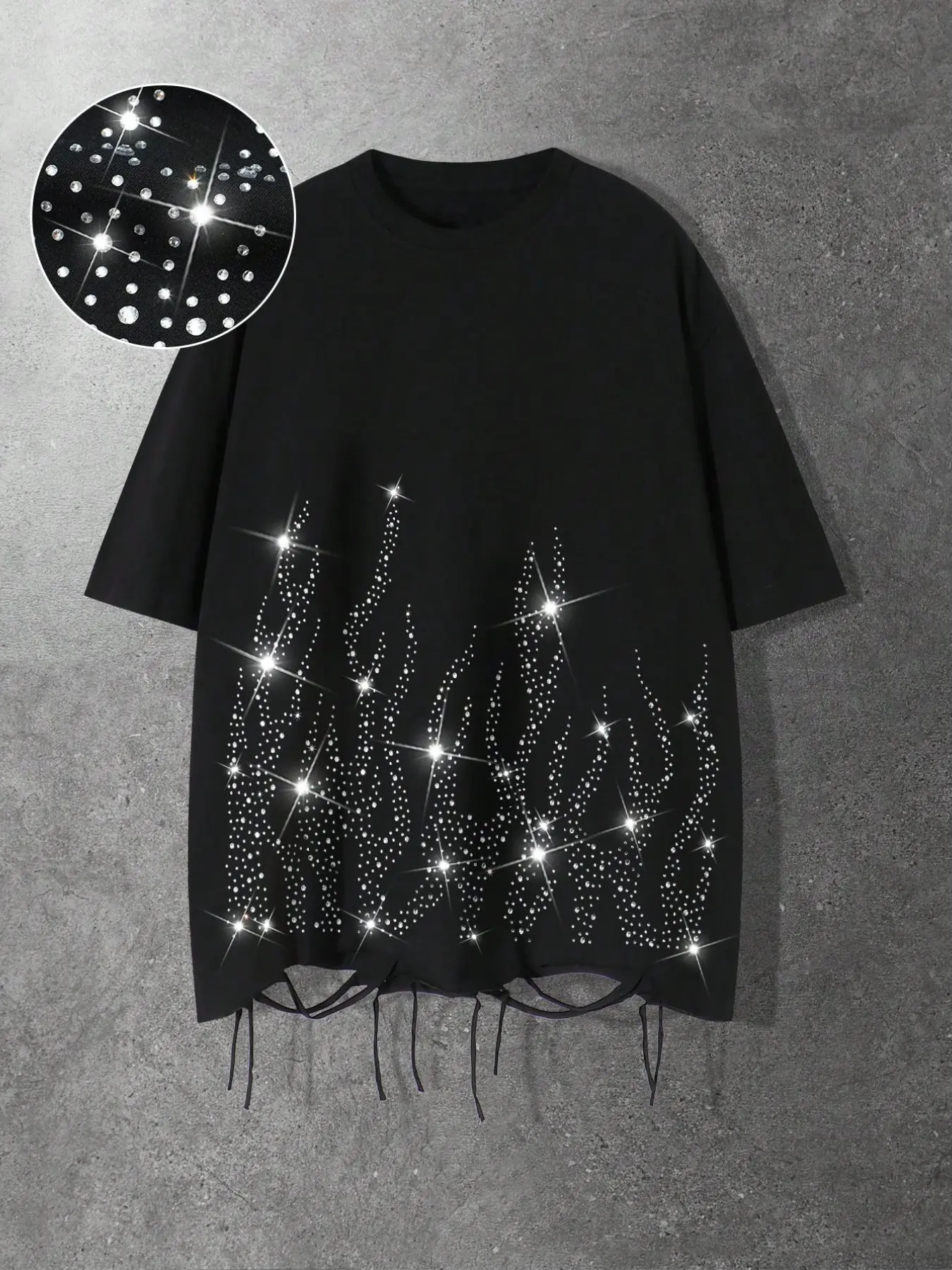 Vintage Distressed Rhinestone Party Round Neck T-Shirt, Loose Casual Street Style Streetwear Summer Top, Casual Fashionable Top, Moderate Fabric, H Type Silhouette, Women's Fashion