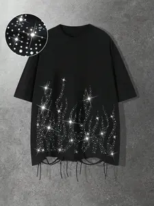 Vintage Distressed Rhinestone Party Round Neck T-Shirt, Loose Street Style Streetwear Summer Top, Moderate Fabric, H Type Silhouette, Women's Fashion
