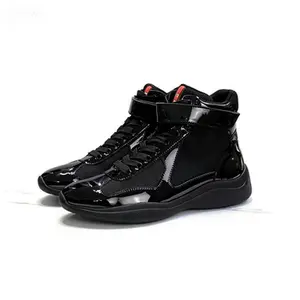 Men's Patent Leather High-Top Sneakers with Ankle Strap - Sleek Black Glossy Finish, Breathable Mesh, Lightweight Cushioned Sole, Modern Streetwear Casual Shoes for All Occasions