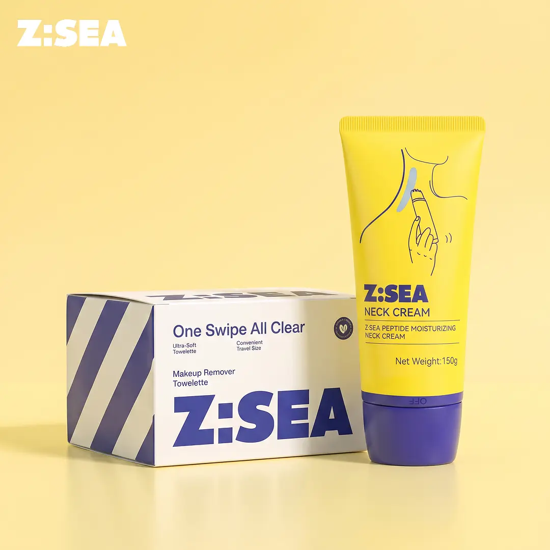 Z:SEA Skincare Duo - Hypoallergenic Fragrance-Free Makeup Remover Wipes (30pcs, Vitamin E) + Peptide Moisturizing Neck Cream (100g) | Plant Squalane, Quick Absorption