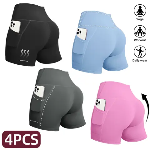 Women's High-Waisted Stretchy Biker Shorts with Pockets - Fashion Booty-Enhancing Activewear Bottoms for Workout, Yoga, Dances (Pocket Shorts-6pcs-Set1)