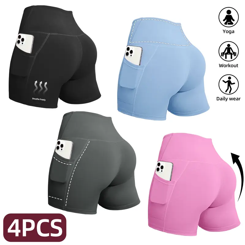 Women's High-Waisted Stretchy Biker Shorts with Pockets - Fashion Booty-Enhancing Activewear Bottoms for Workout, Yoga, Dances (Pocket Shorts-6pcs-Set1)