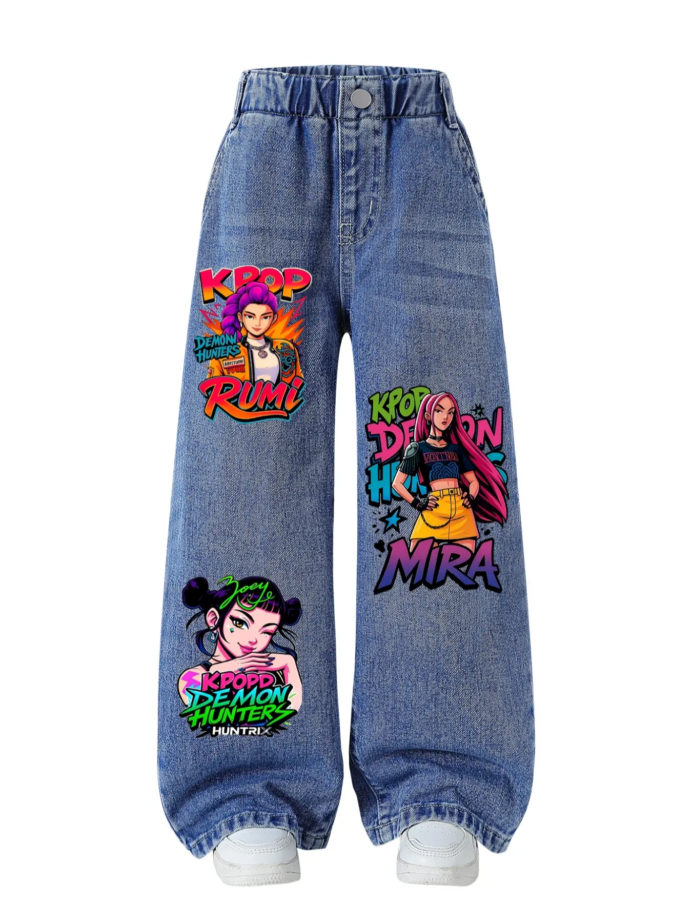 Girls' Vintage Washed Jeans, Cartoon Print, Loose-Fit, Elastic Waist, Casual Style, Perfect for Daily Wear, Outdoor Activities, Ages 8 and Under, Graphic Print Jeans