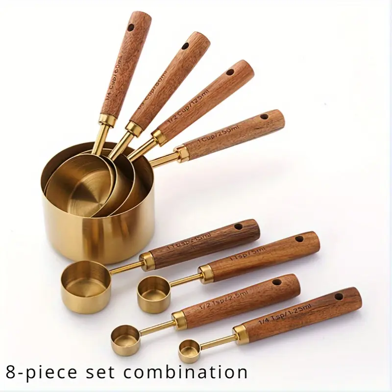 8 Piece New Titanium Plated Stainless Steel Measuring Cups and Spoons Set, Wooden Handles with Scale Markings, Kitchen Measuring Tools, In Stock