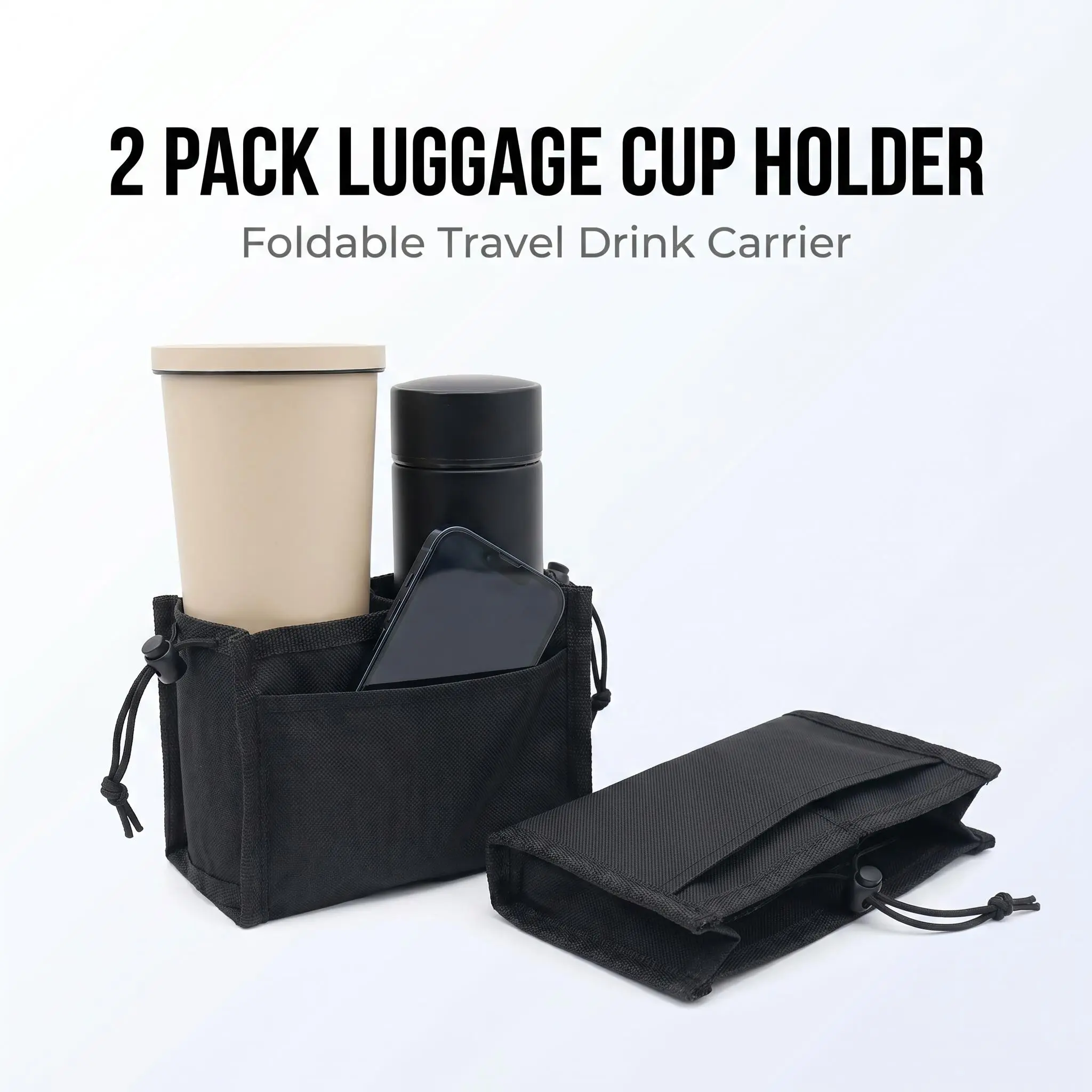 2 Pack Luggage Cup Holder for Suitcase Handle, Foldable Travel Drink Carrier with Phone Pocket, Hands-Free Coffee Cup Holder for Carry On Luggage