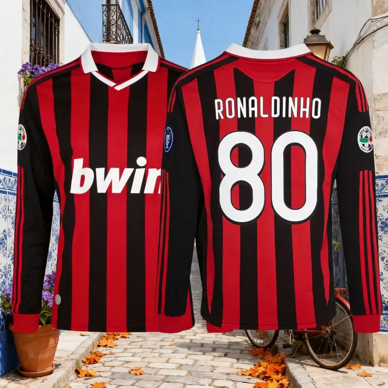 Ronaldinho 2009-10 Retro Home Blue Red No.10 No.80 Long-sleeved Football Shirts