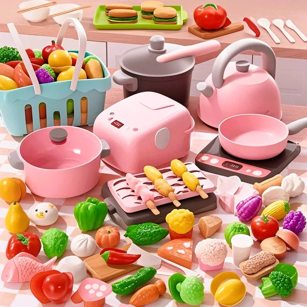 Kids Kitchen Play Set Pretend Play Cooking Toys with Realistic Cutting Fruit & Vegetable Cookware Playset for Boys Girls Play Kitchen Accessories
