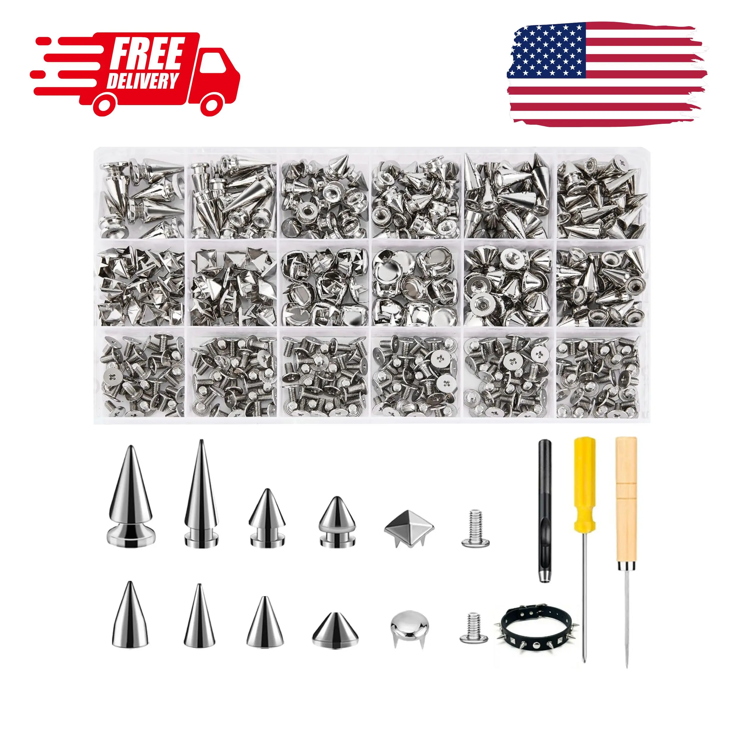 455PCS Punk Spikes and Studs Kit for Clothing, 12 Sizes