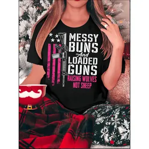 Women's Patriotic Rifle American Flag Graphic Tee with Messy Buns and Loaded Guns Slogan Casual Short Sleeve Round Neck Top Summer Comfortable Stylish and Machine Washable