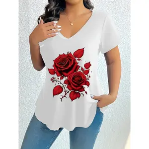Spring and Summer Large Size Women's Elegant Short Sleeve V-neck T-shirt Comfortable Loose Micro-Elastic Printed Top